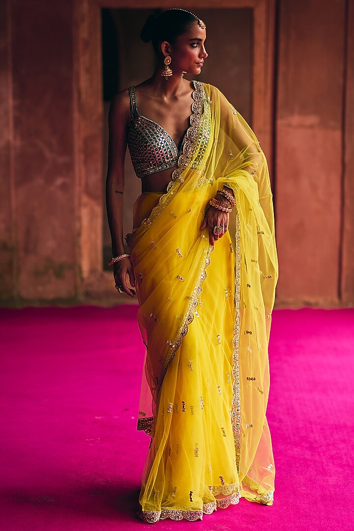 Yellow Net Wedding Saree Set by Angad Singh at Pernia's Pop Up Shop