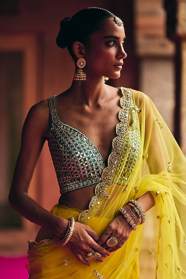 Yellow Net Wedding Saree Set by Angad Singh at Pernia's Pop Up Shop