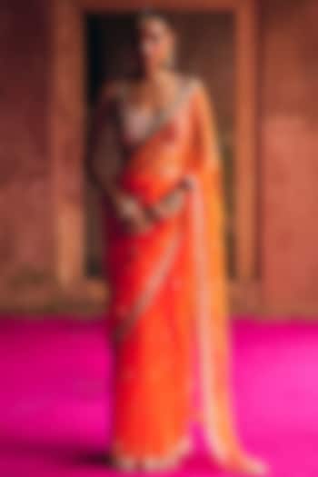 Bright Orange Net Wedding Saree Set by Angad Singh at Pernia's Pop Up Shop