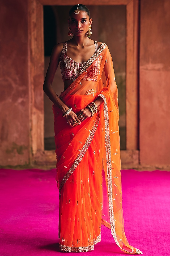 Bright Orange Net Wedding Saree Set by Angad Singh at Pernia's Pop Up Shop
