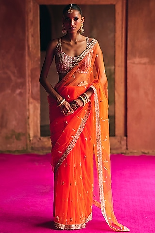 Bright Orange Net Saree Set by Angad Singh