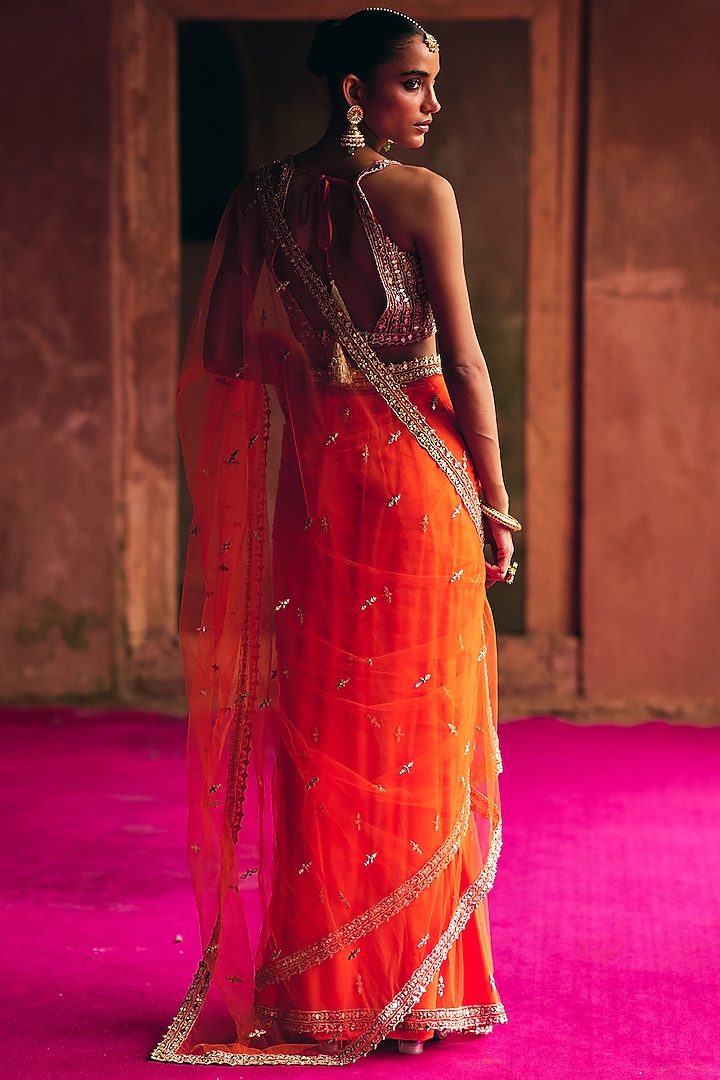 Bright Orange Net Wedding Saree Set by Angad Singh at Pernia's Pop Up Shop
