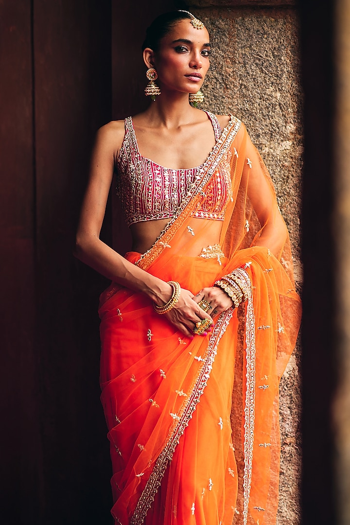 Bright Orange Net Wedding Saree Set by Angad Singh at Pernia's Pop Up Shop