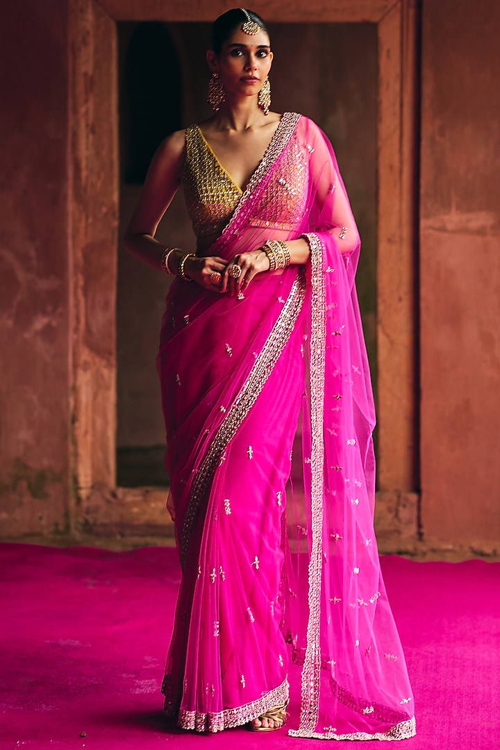 Rani Pink Net Wedding Saree Set by Angad Singh at Pernia's Pop Up Shop
