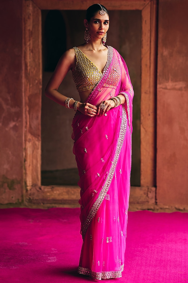 Rani Pink Net Wedding Saree Set by Angad Singh at Pernia's Pop Up Shop