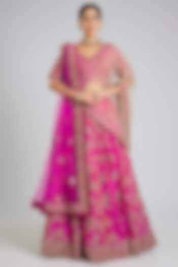 Rani Pink Raw Silk Embroidered Wedding Lehenga Set by Angad Singh at Pernia's Pop Up Shop