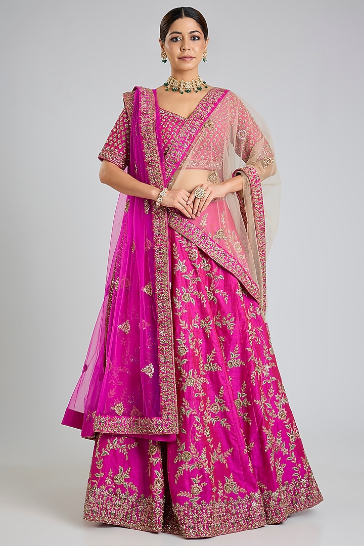 Rani Pink Raw Silk Embroidered Wedding Lehenga Set by Angad Singh at Pernia's Pop Up Shop