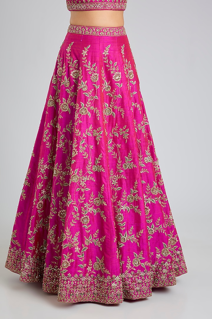 Rani Pink Raw Silk Embroidered Wedding Lehenga Set by Angad Singh at Pernia's Pop Up Shop