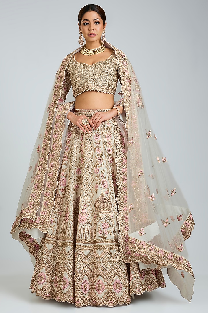 Ivory Raw Silk Embroidered Bridal Lehenga Set by Angad Singh at Pernia's Pop Up Shop