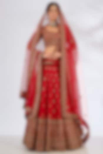 Red Raw Silk Bridal Lehenga Set by Angad Singh at Pernia's Pop Up Shop