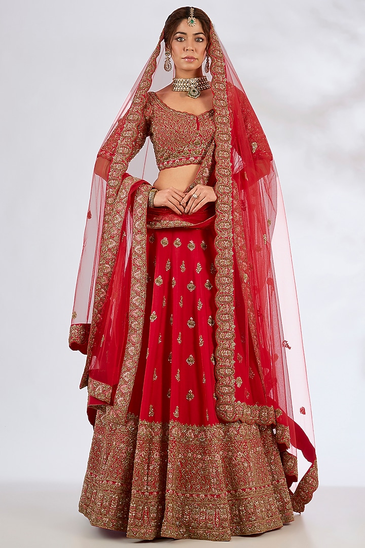 Red Raw Silk Bridal Lehenga Set by Angad Singh at Pernia's Pop Up Shop