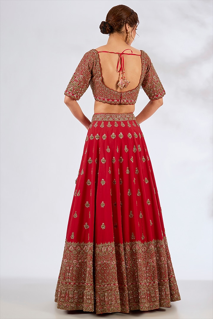 Red Raw Silk Bridal Lehenga Set by Angad Singh at Pernia's Pop Up Shop