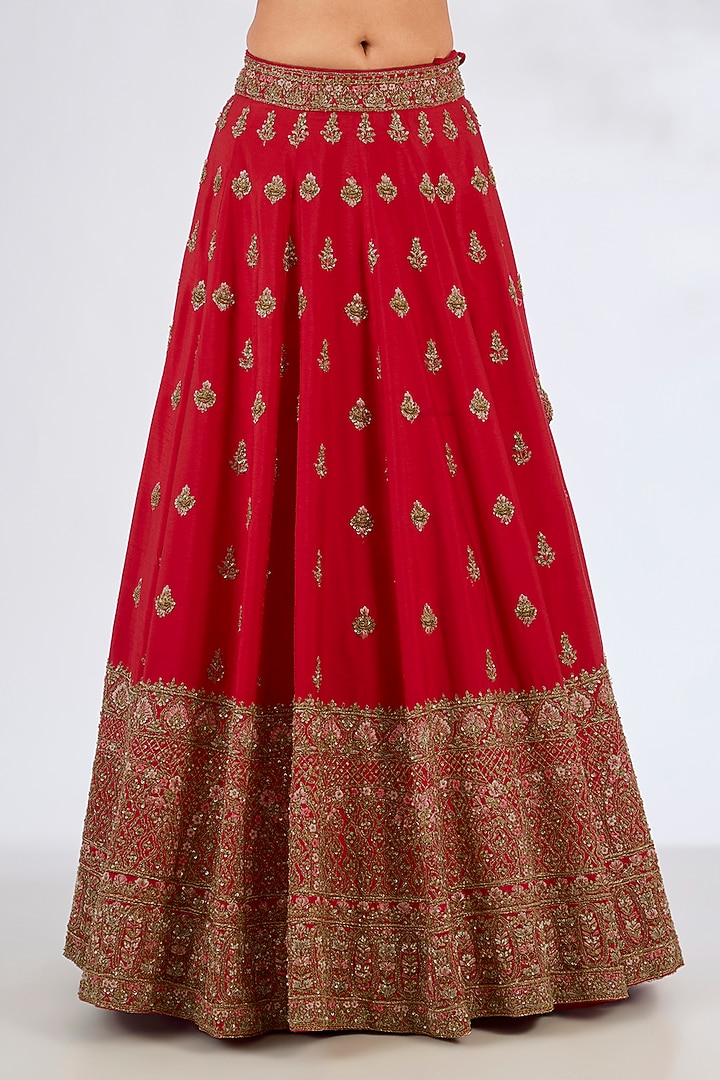 Red Raw Silk Bridal Lehenga Set by Angad Singh at Pernia's Pop Up Shop