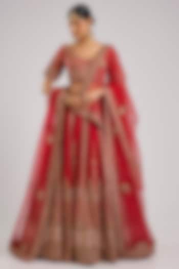 Red Raw Silk Bridal Lehenga Set by Angad Singh at Pernia's Pop Up Shop