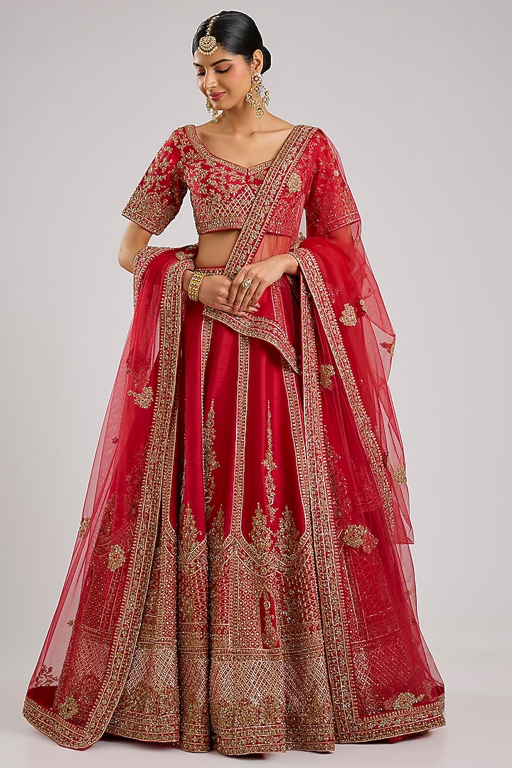 Red Raw Silk Bridal Lehenga Set by Angad Singh at Pernia's Pop Up Shop