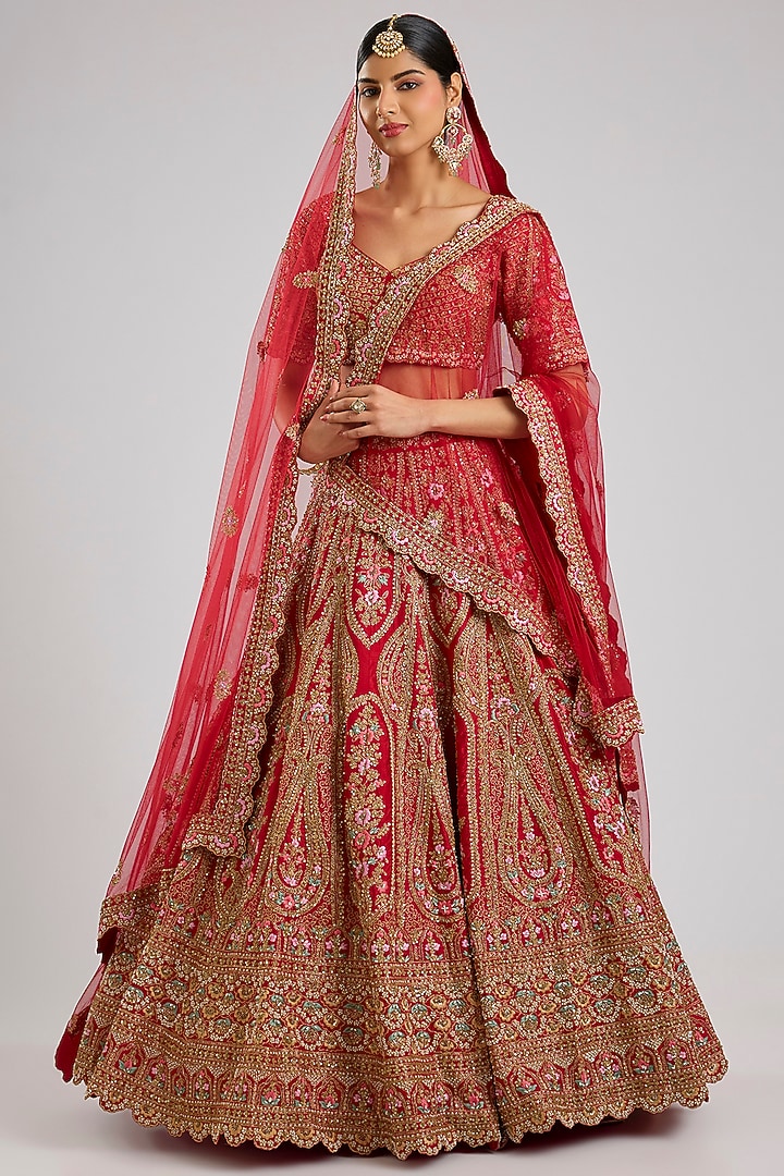 Red Raw Silk Wedding Lehenga Set by Angad Singh at Pernia's Pop Up Shop