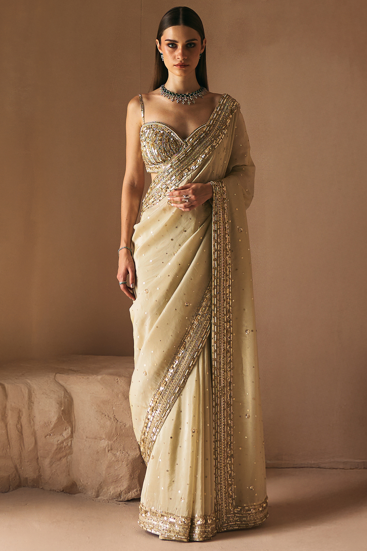 Gold Tissue Sequins Embroidered Wedding Saree Set by Angad Singh at Pernia's Pop Up Shop
