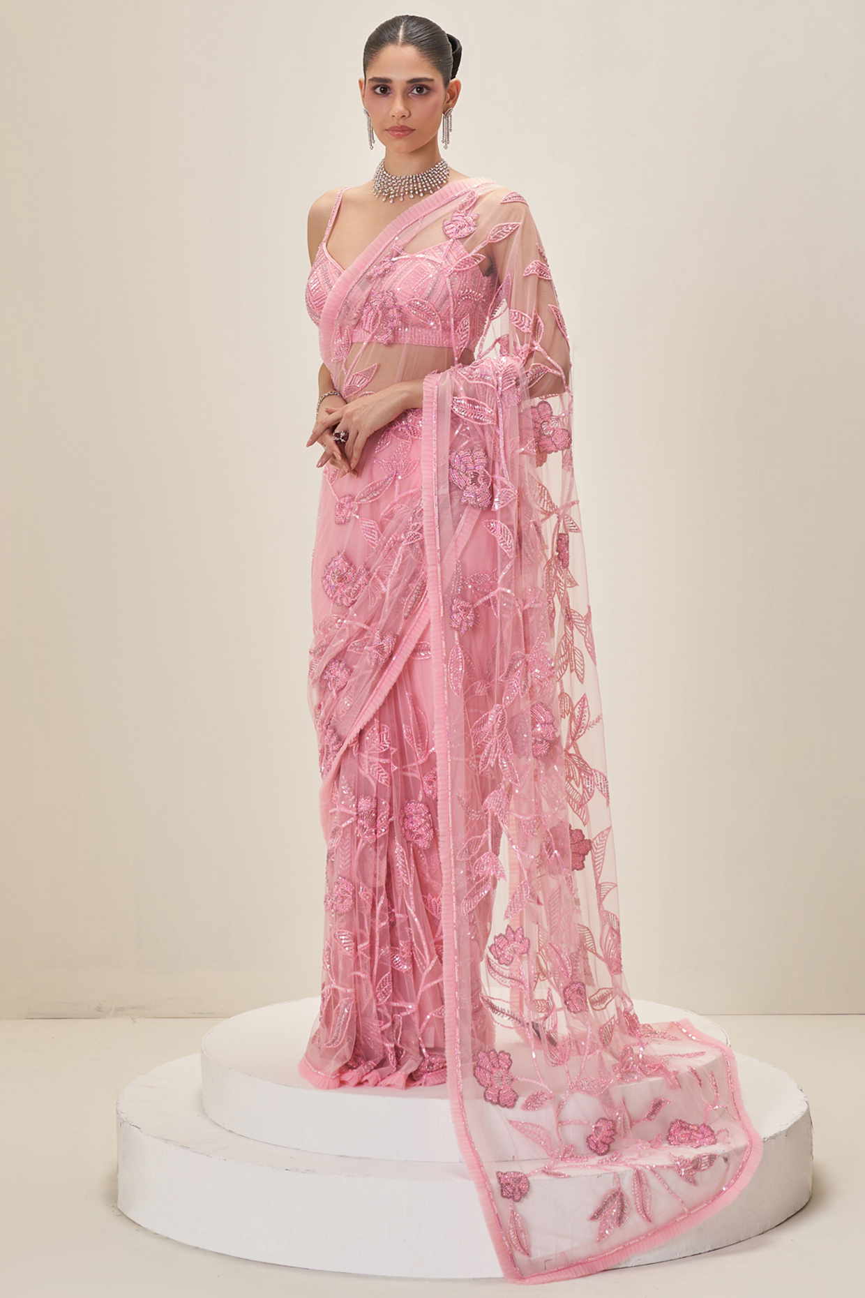 Pink Net Tonal Leaf Embroidered Reception Saree Set by Angad Singh at Pernia's Pop Up Shop