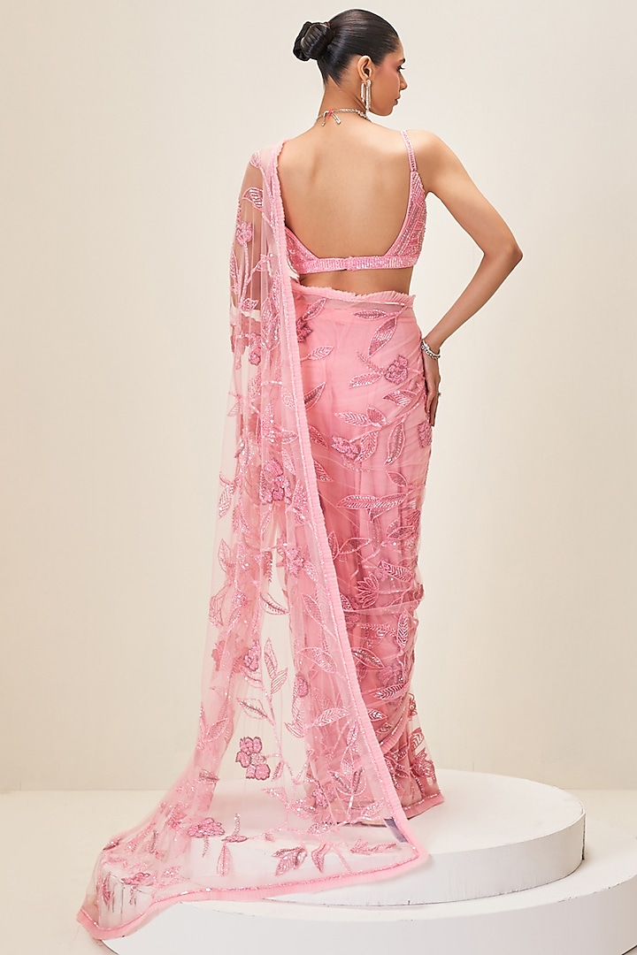 Pink Net Tonal Leaf Embroidered Reception Saree Set by Angad Singh at Pernia's Pop Up Shop
