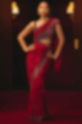 Crimson Chantilly Lace Embroidered Reception Saree Set by Angad Singh at Pernia's Pop Up Shop