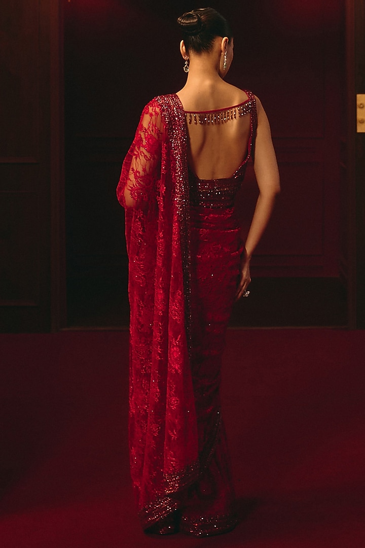 Crimson Chantilly Lace Embroidered Reception Saree Set by Angad Singh at Pernia's Pop Up Shop