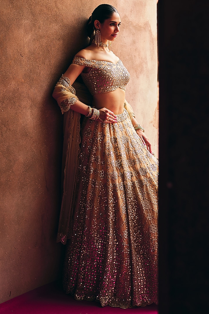 Champagne Gold Organza Mirror Embroidered Bridal Lehenga Set by Angad Singh at Pernia's Pop Up Shop