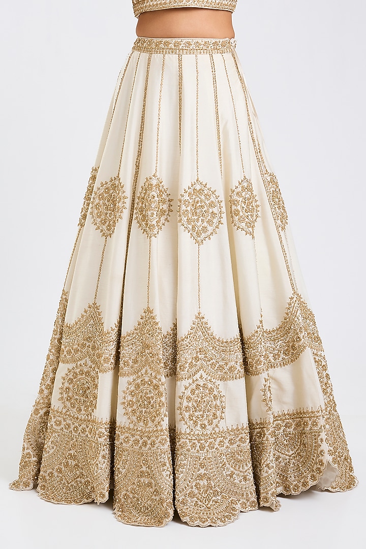 Ivory Raw Silk Embroidered Wedding Lehenga Set by Angad Singh at Pernia's Pop Up Shop