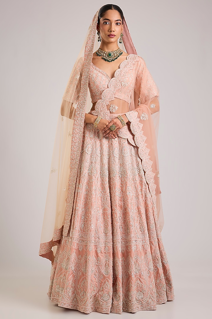 Peach Raw Silk Embroidered Bridal Lehenga Set by Angad Singh at Pernia's Pop Up Shop