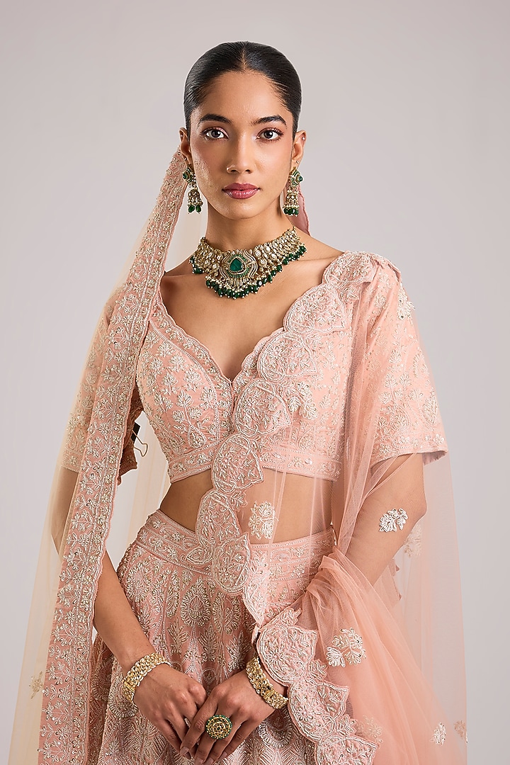 Peach Raw Silk Embroidered Bridal Lehenga Set by Angad Singh at Pernia's Pop Up Shop