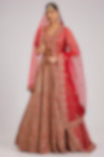 Red Raw Silk Bridal Lehenga Set by Angad Singh at Pernia's Pop Up Shop