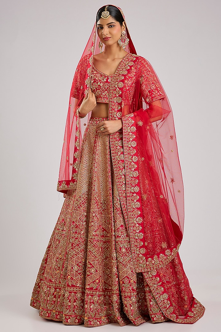 Red Raw Silk Bridal Lehenga Set by Angad Singh at Pernia's Pop Up Shop