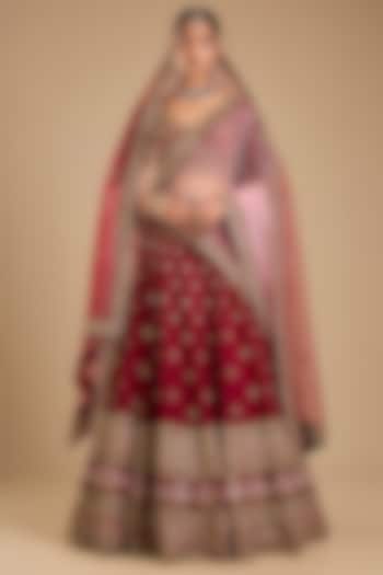 Maroon Raw Silk Embroidered Wedding Lehenga Set by Angad Singh at Pernia's Pop Up Shop