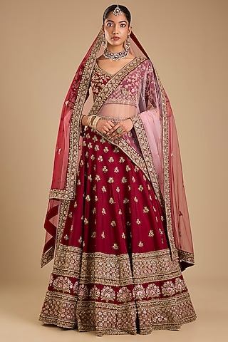 Maroon Raw Silk Embroidered Lehenga Set by Angad Singh