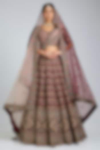 Maroon Raw Silk Embroidered Wedding Lehenga Set by Angad Singh at Pernia's Pop Up Shop