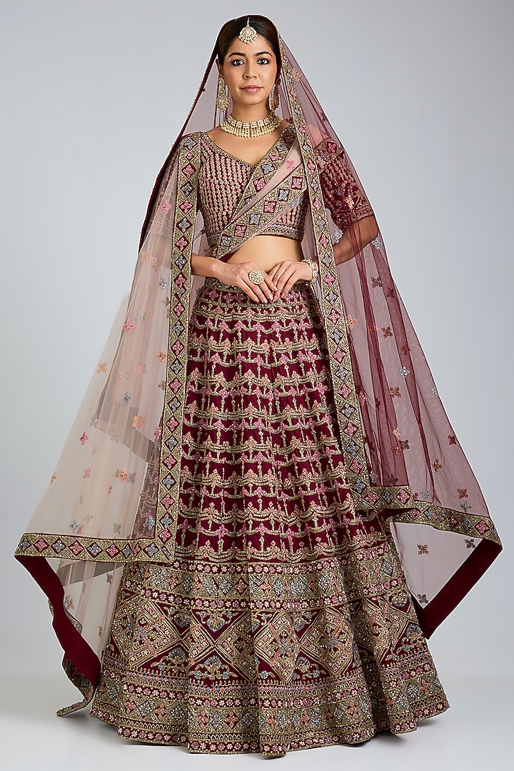 Maroon Raw Silk Embroidered Wedding Lehenga Set by Angad Singh at Pernia's Pop Up Shop