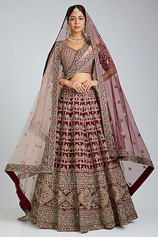 Maroon Raw Silk Embroidered Lehenga Set by Angad Singh