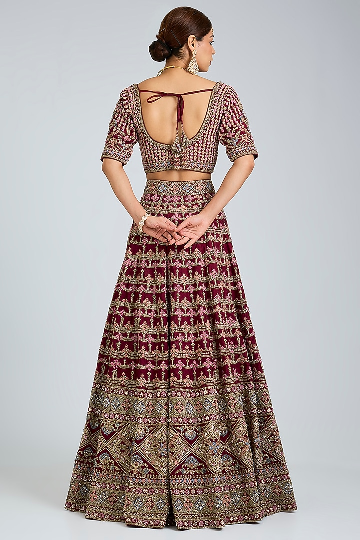 Maroon Raw Silk Embroidered Wedding Lehenga Set by Angad Singh at Pernia's Pop Up Shop
