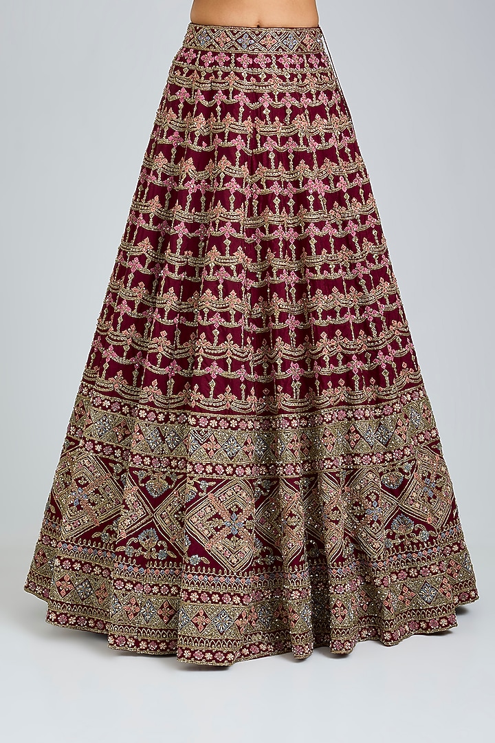 Maroon Raw Silk Embroidered Wedding Lehenga Set by Angad Singh at Pernia's Pop Up Shop