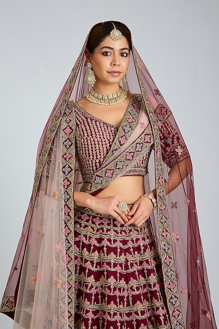 Maroon Raw Silk Embroidered Wedding Lehenga Set by Angad Singh at Pernia's Pop Up Shop
