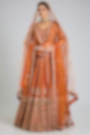 Rust Raw Silk Embroidered Wedding Lehenga Set by Angad Singh at Pernia's Pop Up Shop