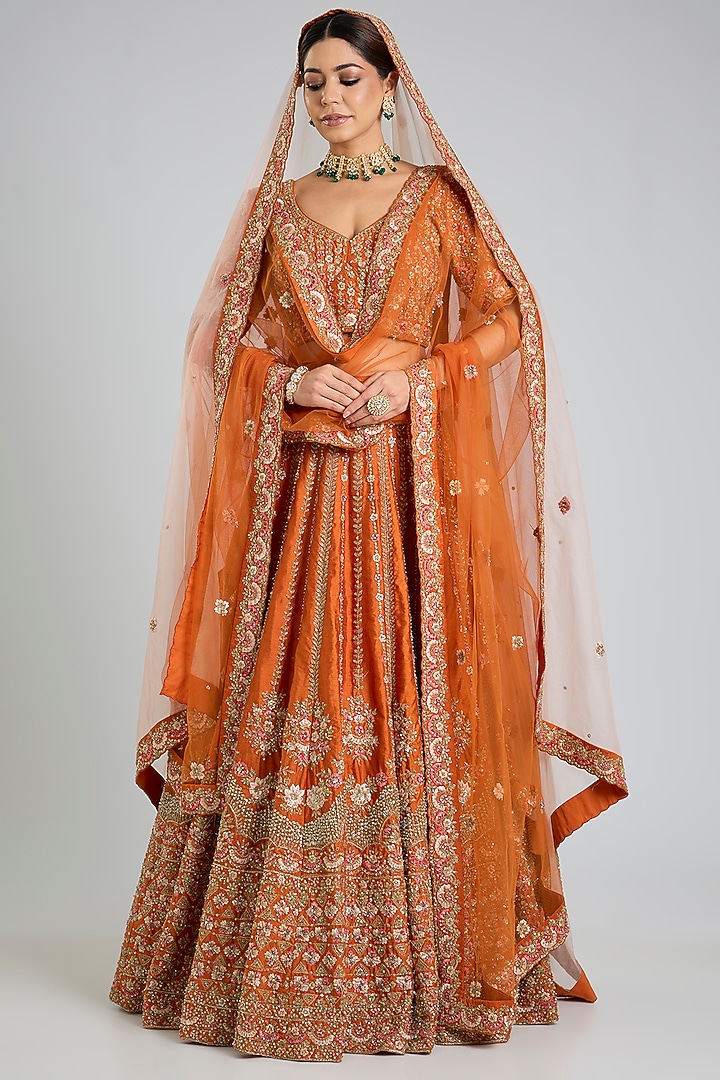 Rust Raw Silk Embroidered Wedding Lehenga Set by Angad Singh at Pernia's Pop Up Shop