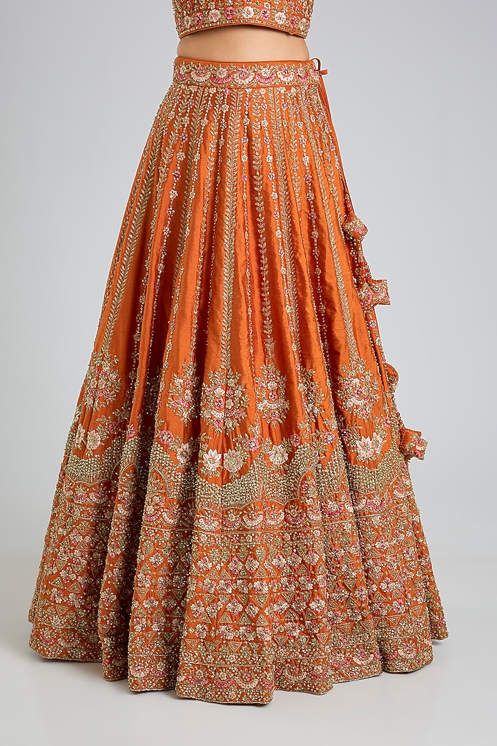 Rust Raw Silk Embroidered Wedding Lehenga Set by Angad Singh at Pernia's Pop Up Shop