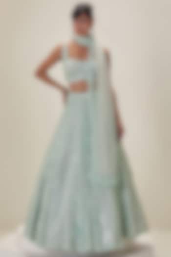 Mint Green Satin Organza Sequins Embroidered Bridal Lehenga Set by Angad Singh at Pernia's Pop Up Shop