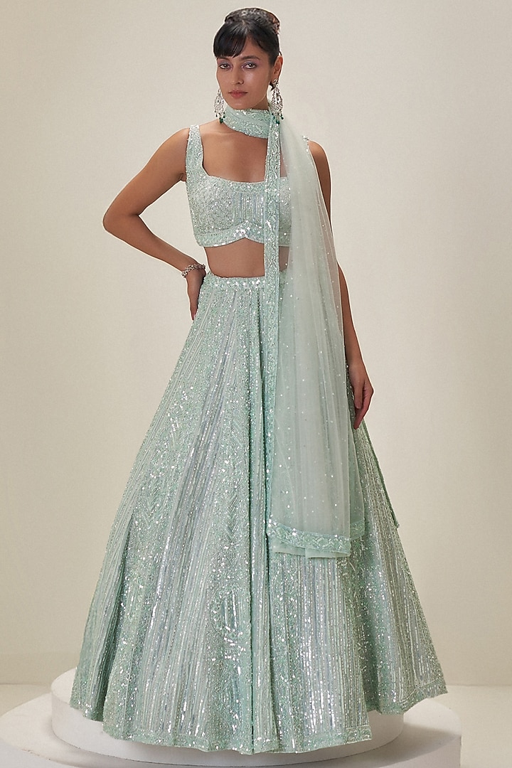 Mint Green Satin Organza Sequins Embroidered Bridal Lehenga Set by Angad Singh at Pernia's Pop Up Shop