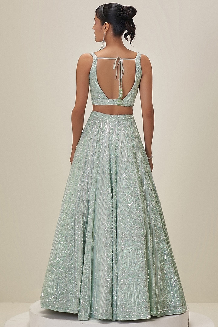 Mint Green Satin Organza Sequins Embroidered Bridal Lehenga Set by Angad Singh at Pernia's Pop Up Shop