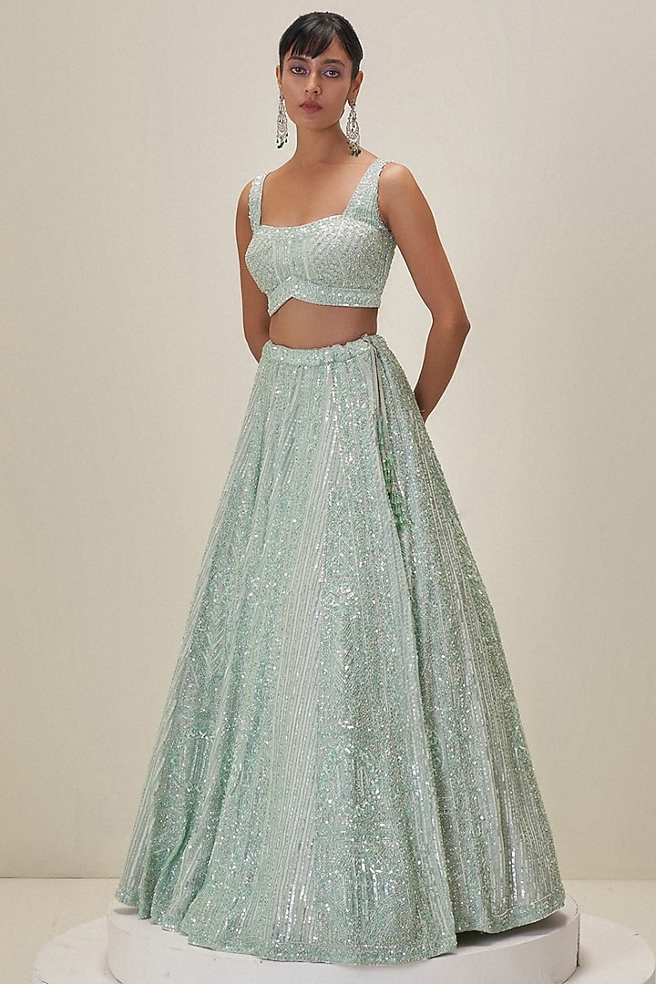 Mint Green Satin Organza Sequins Embroidered Bridal Lehenga Set by Angad Singh at Pernia's Pop Up Shop