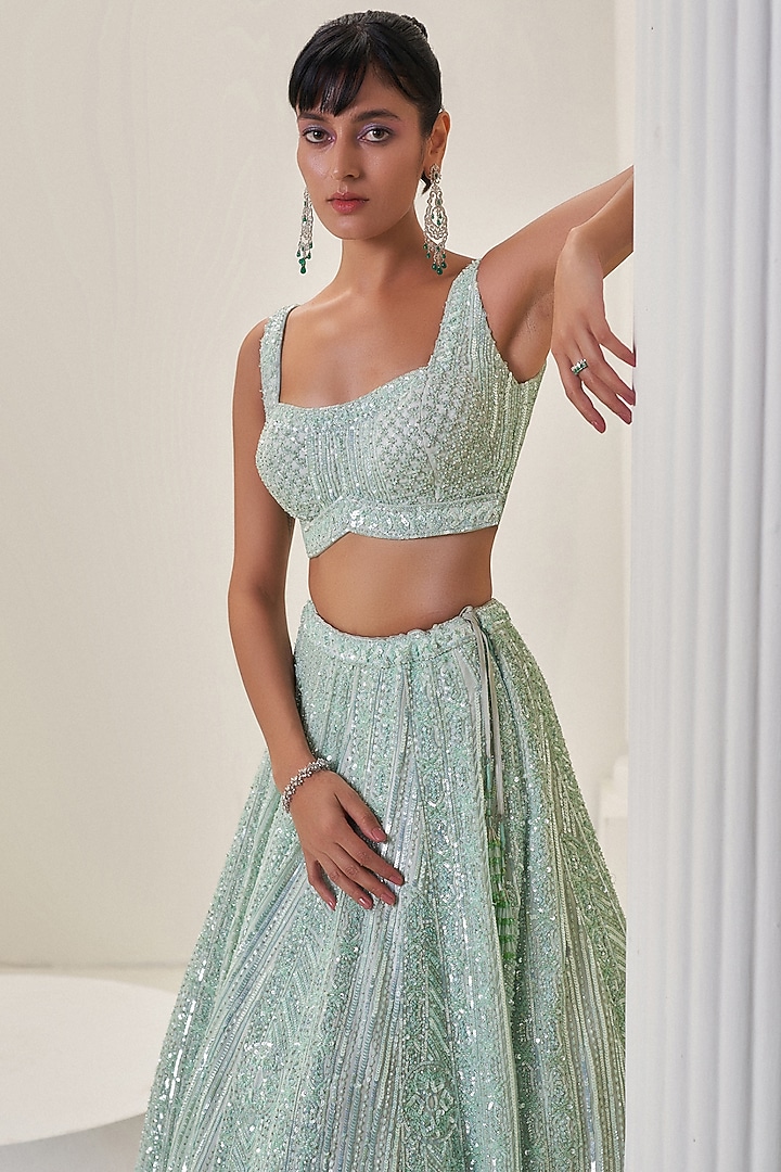 Mint Green Satin Organza Sequins Embroidered Bridal Lehenga Set by Angad Singh at Pernia's Pop Up Shop