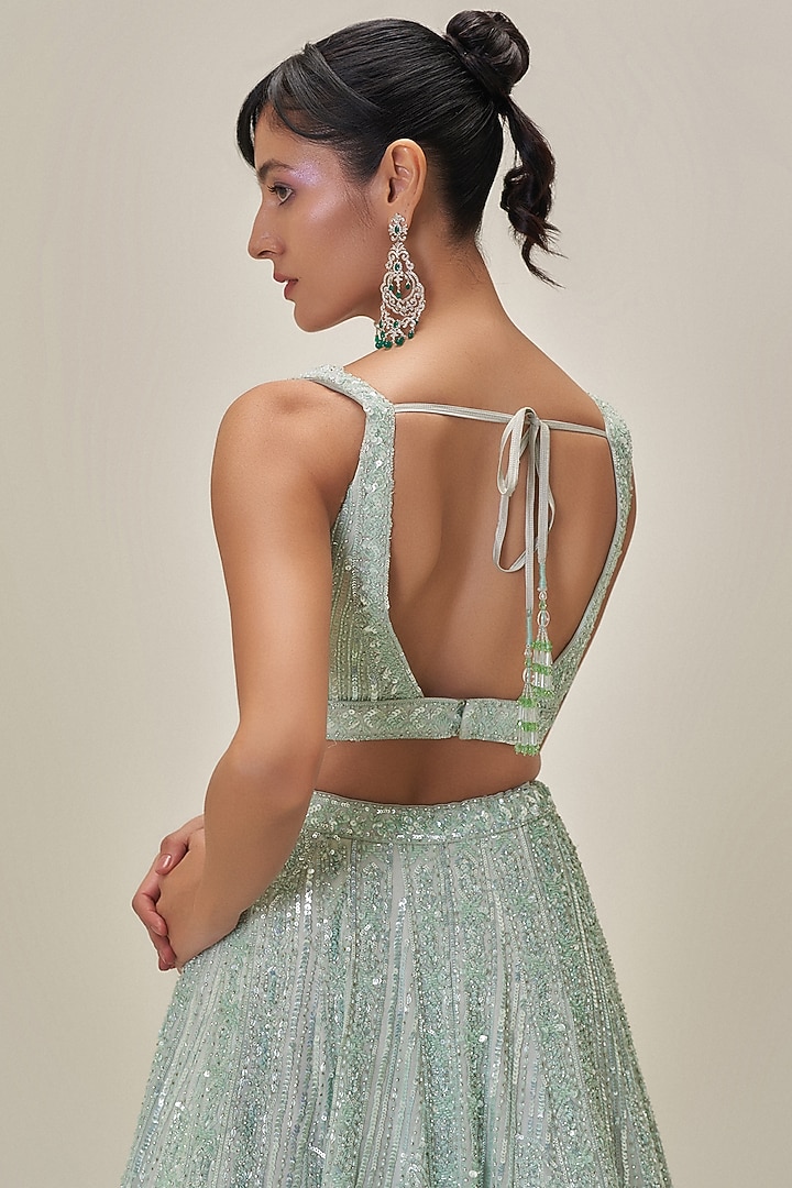 Mint Green Satin Organza Sequins Embroidered Bridal Lehenga Set by Angad Singh at Pernia's Pop Up Shop