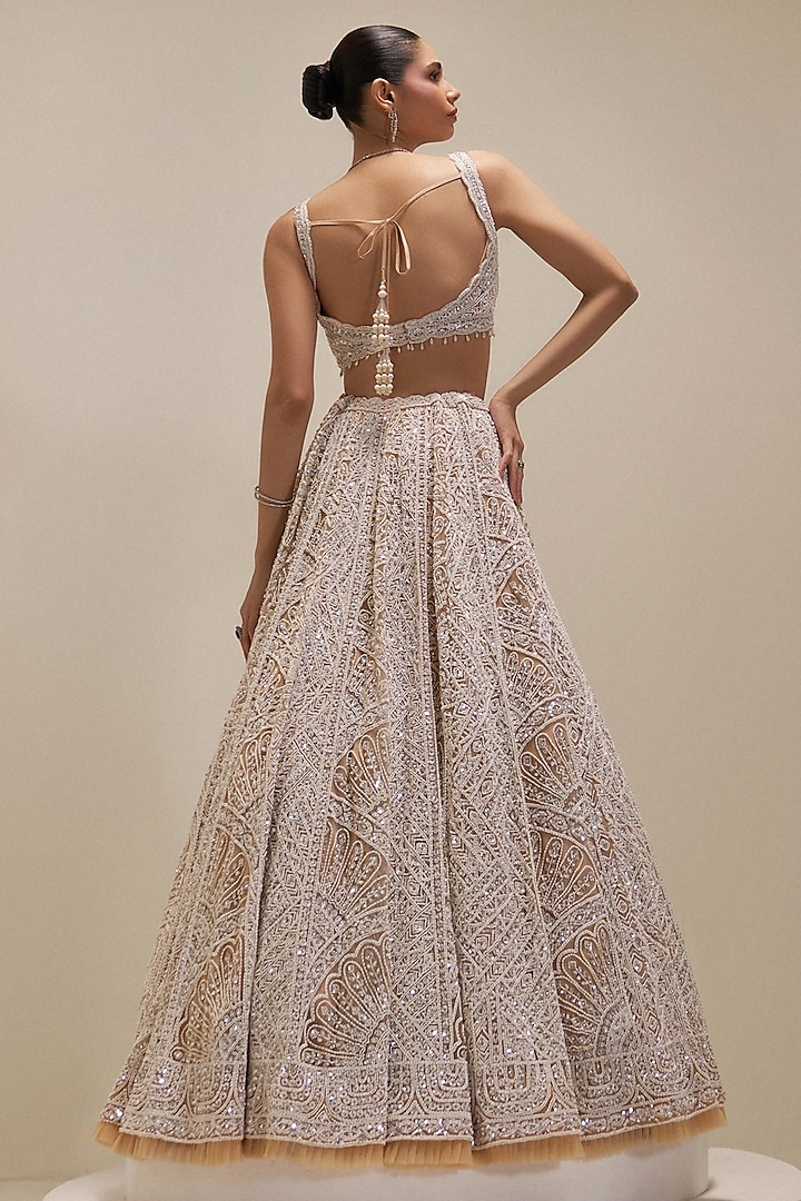 Ecru Net Sequins & Crystal Embroidered Bridal Lehenga Set by Angad Singh at Pernia's Pop Up Shop