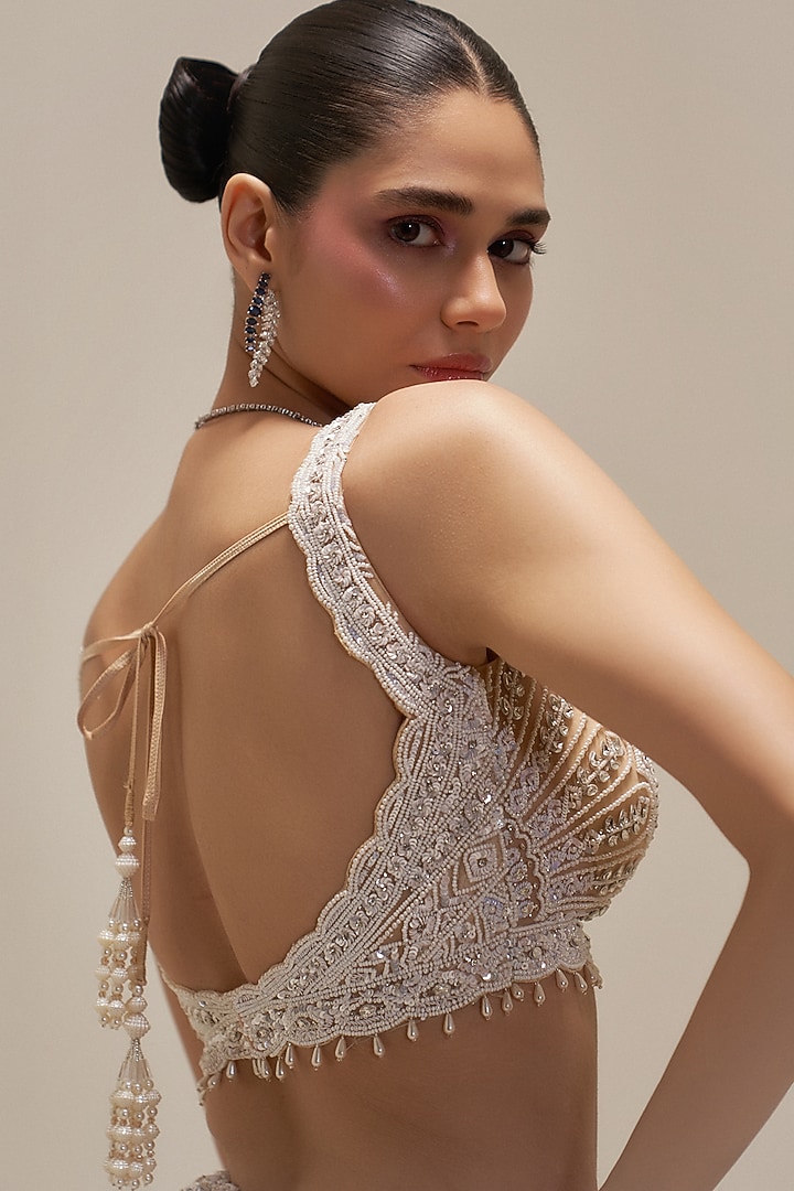 Ecru Net Sequins & Crystal Embroidered Bridal Lehenga Set by Angad Singh at Pernia's Pop Up Shop
